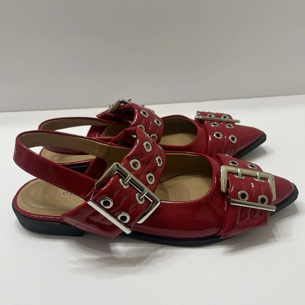 Steve Madden  Graya Flats Red Patent Chunky Buckles Silver Grommets Pointed